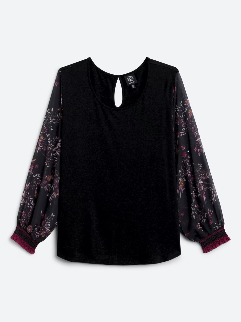 Black Mixed Media Floral-Sleeve Blouse with Keyhole Back
